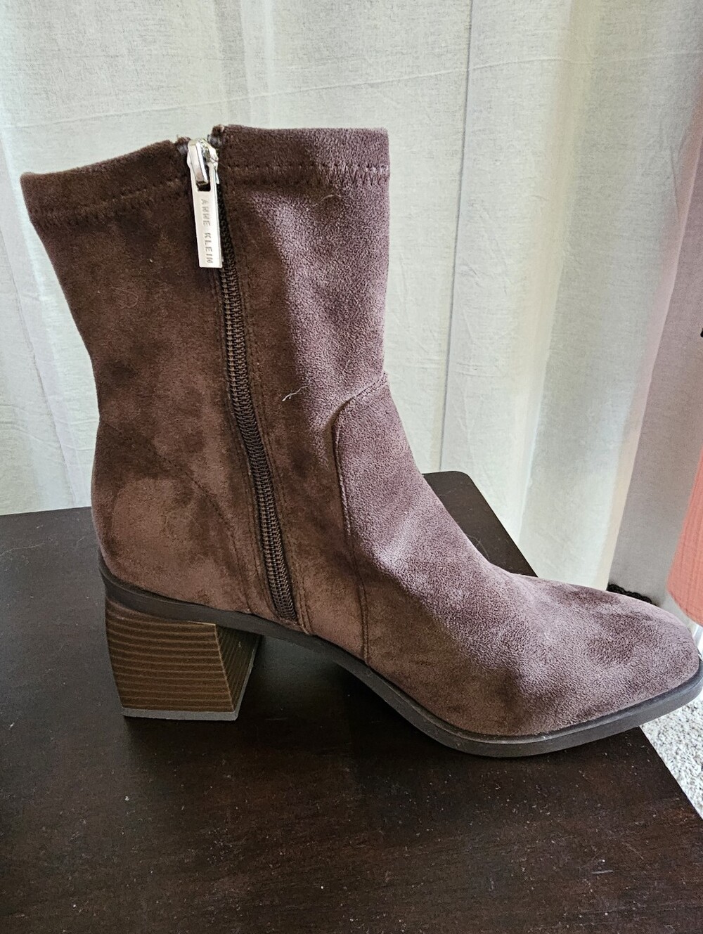 Anne Klein Dark Brown Suede Mid-Heel Ankle Boot